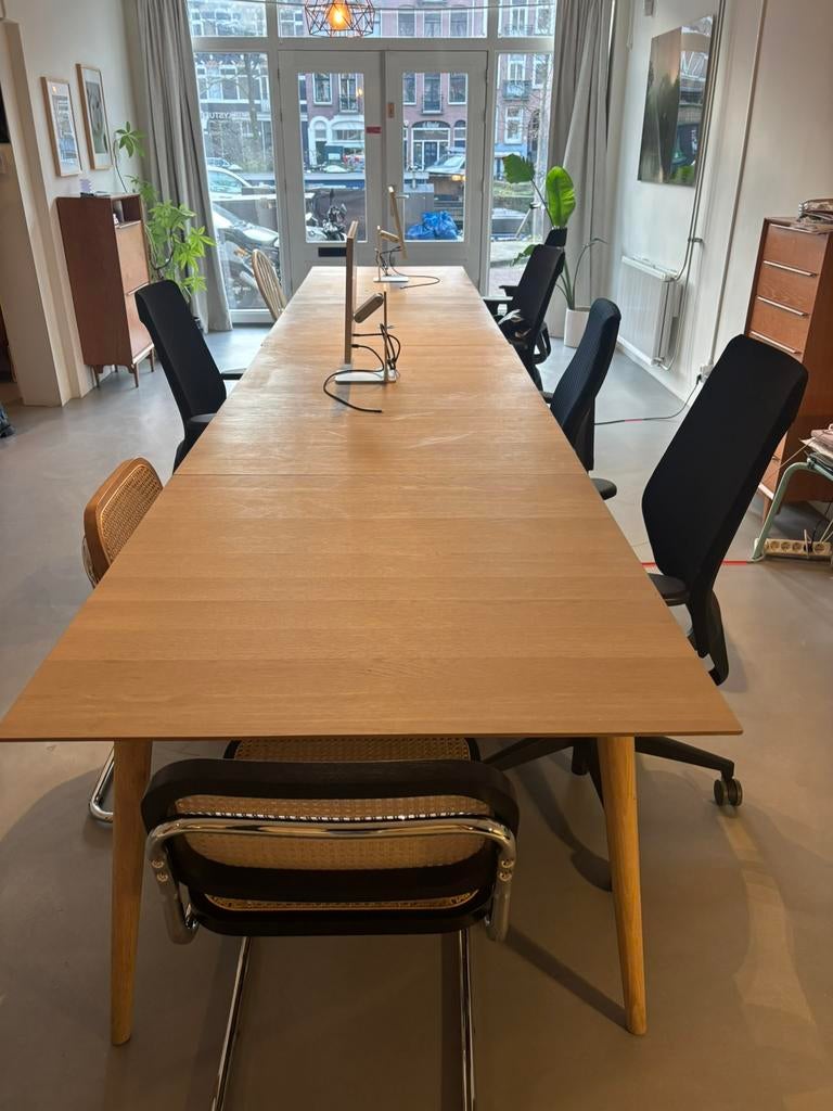 2 licht eiken houten tafels (250 cm x 100 cm x 76 cm), Huis en Inrichting, Tafels | Eettafels, Gebruikt, 200 cm of meer, Rechthoekig