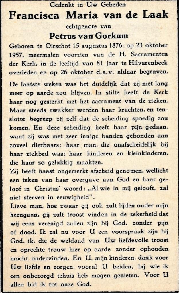 Laak Francisca 1876 Oirschot 1957 Hilvarenbeek, Ophalen of Verzenden, Bidprentje