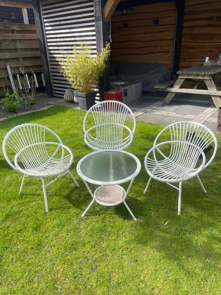 Tuinset vintage 3 rotan stoelen en een tafel, Rohé, Ophalen, Kunststof, Gebruikt, 3 zitplaatsen