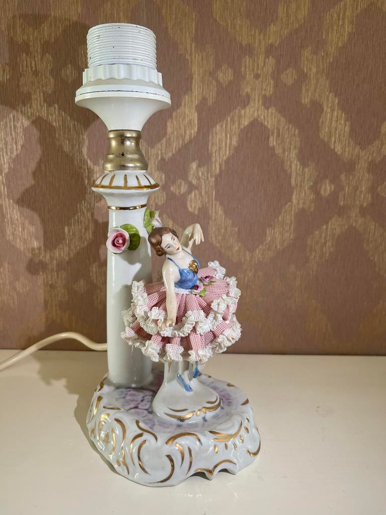 Antieke Saksisch Dresden Porseleinen Tafellamp met Ballerina, Ophalen of Verzenden