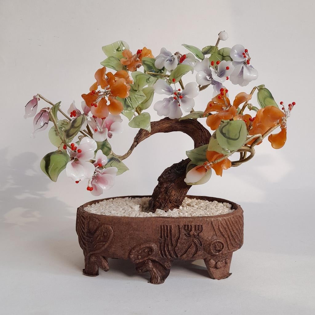 Chinees jade bonsai boompje - glas bloemen bloesem, Ophalen of Verzenden, Zo goed als nieuw, Binnen