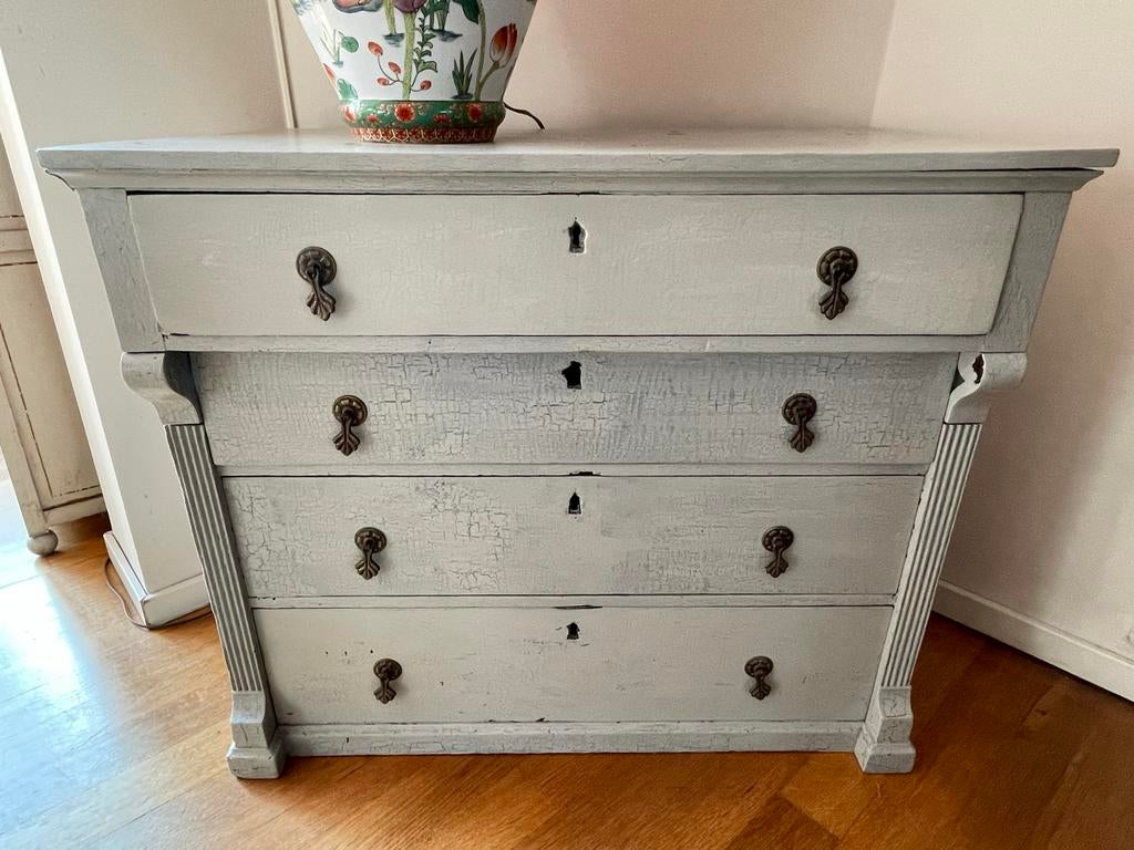 Antieke, eikenhouten ladekast grijs-groen, Antiek en Kunst, Ophalen