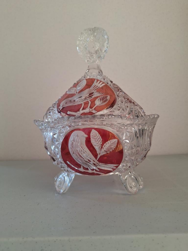 Vintage crystal bonbonschaal met vogels, Huis en Inrichting, Ophalen of Verzenden