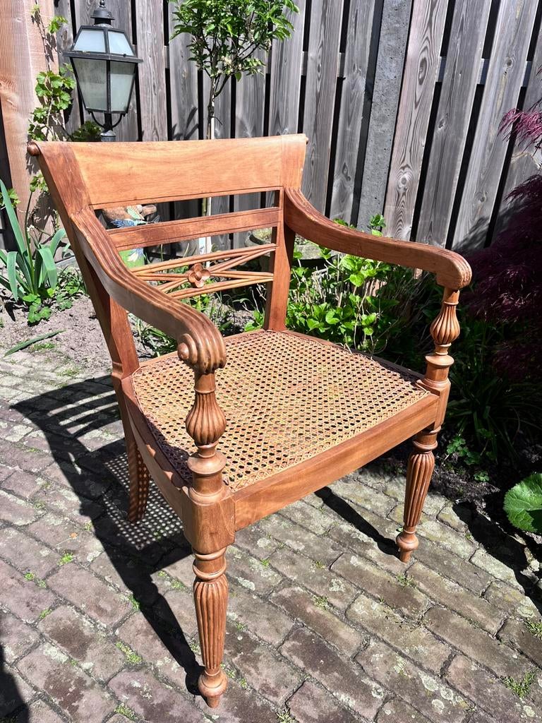 Teak houten (tuin)stoeltje met webbing zitting, Huis en Inrichting, Stoelen, Ophalen, Bruin, Hout, Zo goed als nieuw