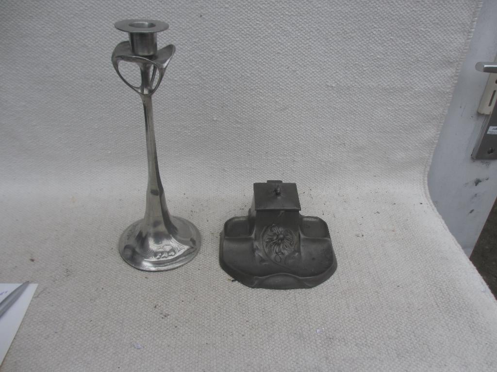 Hugo Leven - KAYSERZINN jugendstil tinnen inktpot/ kandelaar, Antiek en Kunst, Antiek | Tin, Ophalen of Verzenden