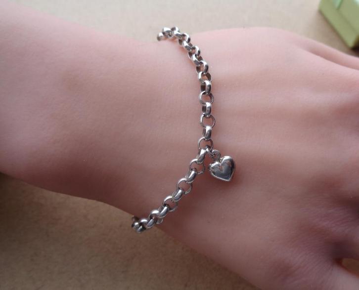 zilveren schakelarmband met hartje [044], Sieraden, Tassen en Uiterlijk, Armbanden, Zo goed als nieuw, Zilver, Zilver, Met bedels of kralen