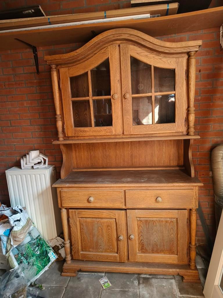 Antieke eikenhouten servieskast, Huis en Inrichting, Ophalen, Glas, Gebruikt, Klassiek, Antiek