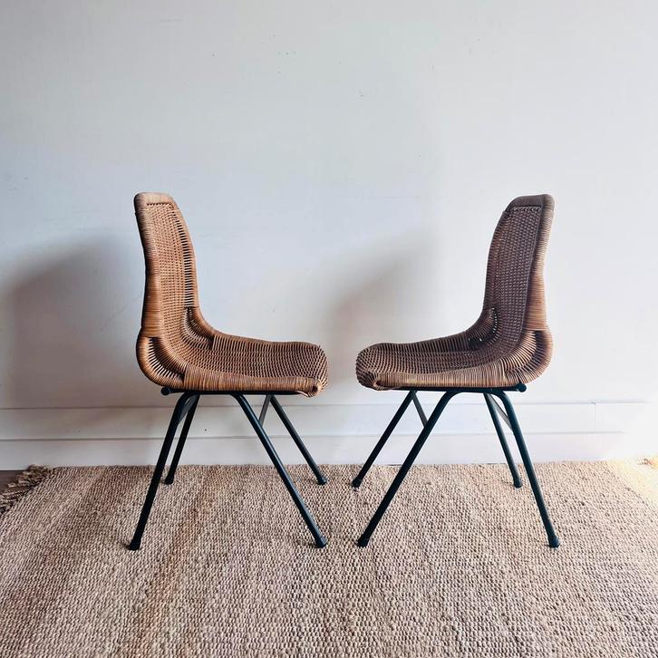 2 Dirk van Sliedrecht rotan rieten stoelen vintage, Huis en Inrichting, Stoelen, Twee, Bruin, Ophalen