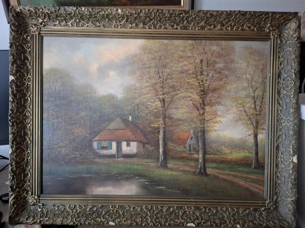 Schilderij van J. Frederiks met landschap en huisjes, Antiek en Kunst, Kunst | Schilderijen | Klassiek, Ophalen