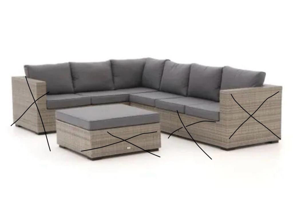 Tuin/lounge kussens voor hoekbank en hocker, grijs, Ophalen, Gebruikt, Wicker, 7 zitplaatsen