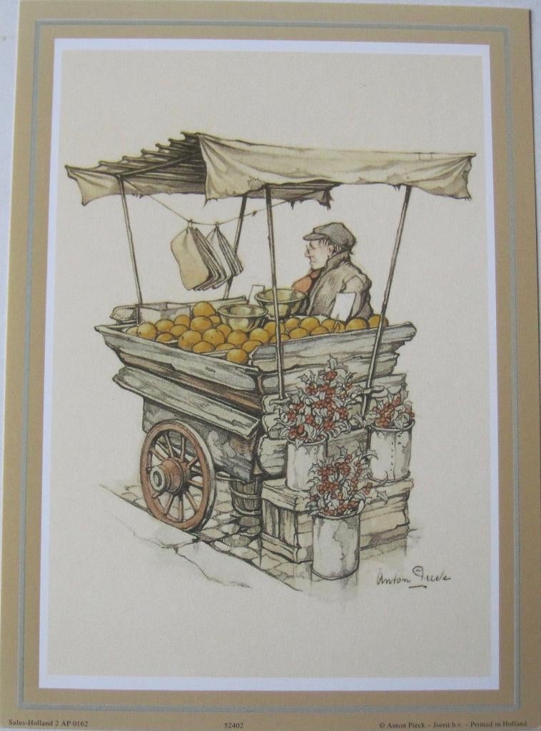Anton Pieck prent - verkoper achter de fruitkar, 1980 tot heden, Ophalen of Verzenden, Zo goed als nieuw, Prent