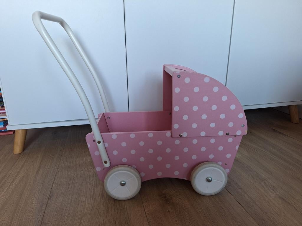 Houten poppenwagen roze met witte stippen, Ophalen, Gebruikt, Babypop