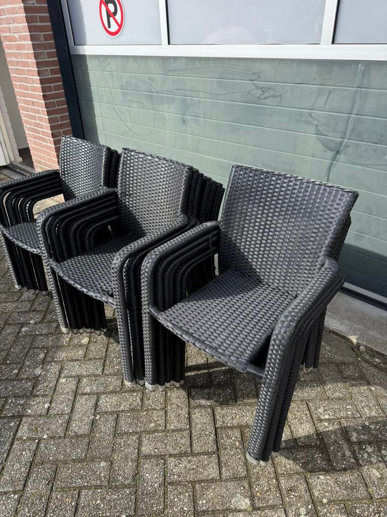 12 terrasstoelen te koop!, Ophalen, Zo goed als nieuw, Zwart, Vijf, Zes of meer stoelen
