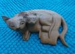 Beeldje uit Hout gesneden poes met kitten, Verzenden