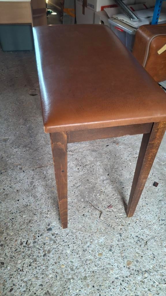 Vintage pianobank met bruin leren zitting + opbergvak, Ophalen
