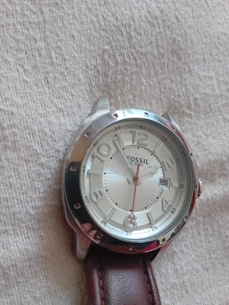 Fossil stalen herenhorloge met leren band en zwart en oranje, Sieraden, Tassen en Uiterlijk, Horloges | Heren, Ophalen of Verzenden