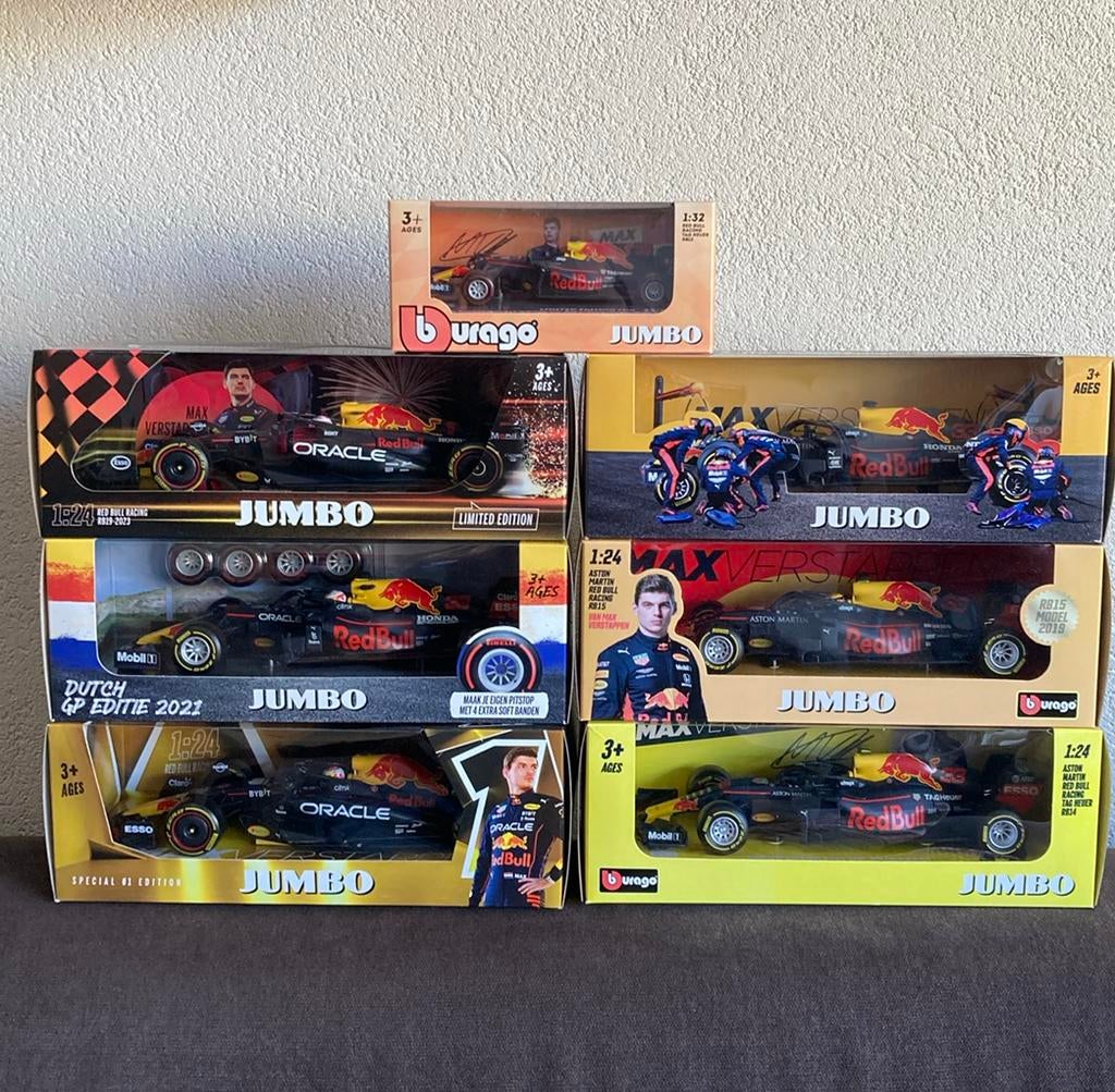 Max Verstappen jumbo red bull versies 7 delig, Ophalen of Verzenden, Zo goed als nieuw, Bburago