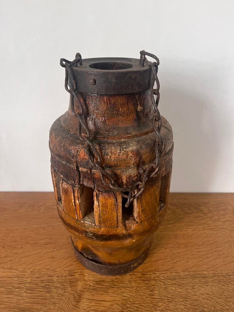 Oud vintage industriële wielas hout metaal leuk droogbloemen, Ophalen of Verzenden