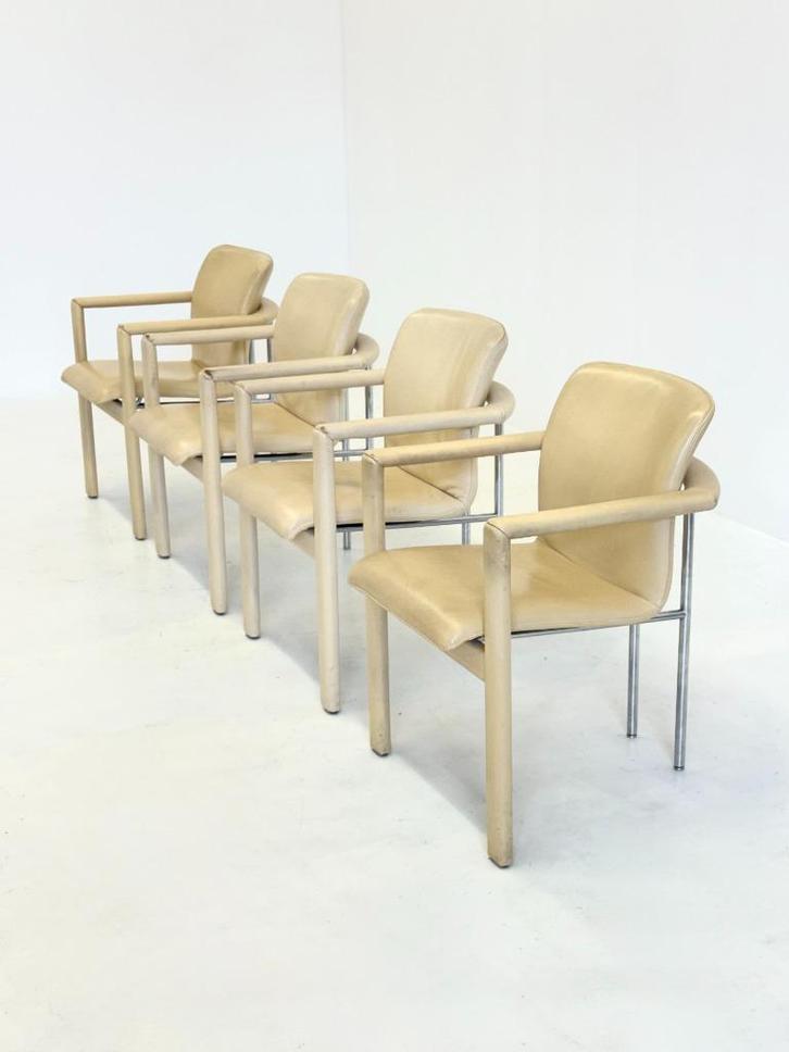 Set van 4 vintage Leolux Cachucha eetkamerstoelen, Huis en Inrichting, Stoelen, Gebruikt, Vier, Leer, Metaal, Overige materialen