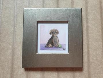 Mini tekening hondje aquarel tekening ingelijst 11x11 cm  beschikbaar voor biedingen