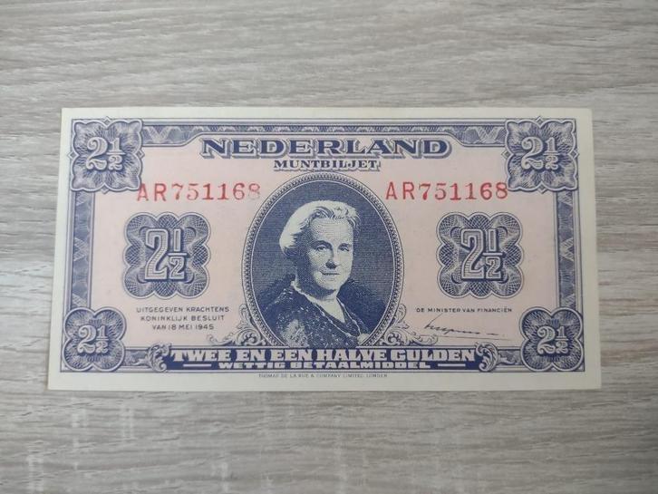 UNC biljet 2,5 gulden 1945, muntbiljet Wilhelmina, 2 letters, Postzegels en Munten, Bankbiljetten | Nederland, 1 gulden, Ophalen of Verzenden