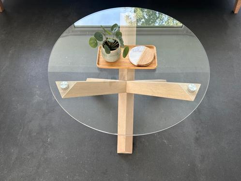 Salontafel Ø 65 cm glas met massief eiken poten, Huis en Inrichting, Tafels | Salontafels, Zo goed als nieuw, 50 tot 75 cm, 50 tot 100 cm