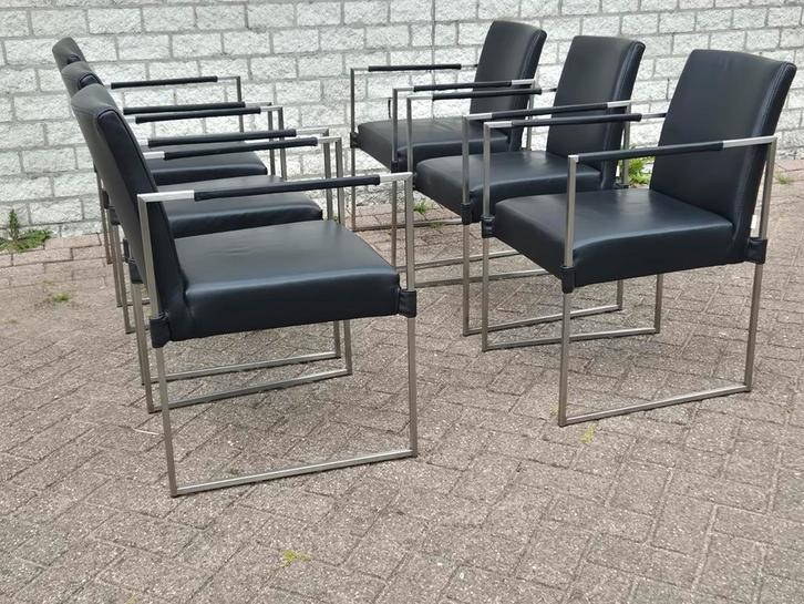 Design eetkamerstoelen zwart Leer bert plantagie Model Clark, Huis en Inrichting, Stoelen, Zo goed als nieuw, Vijf, Zes of meer stoelen