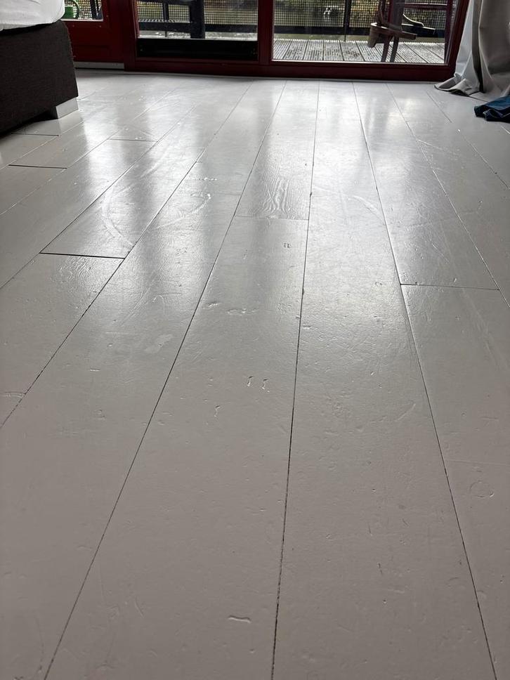 Eikenhouten vloer, wit geverfd, 10-15m2, Doe-het-zelf en Verbouw, Vloerdelen en Plavuizen, Gebruikt, Vloerdelen of -planken, Hout