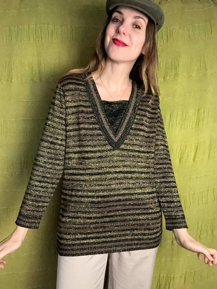 Vintage trui - gestreept - shiny - zwart / bruin M / 38, Kleding | Dames, Truien en Vesten, Gedragen, Maat 38/40 (M), Zwart, Ophalen of Verzenden