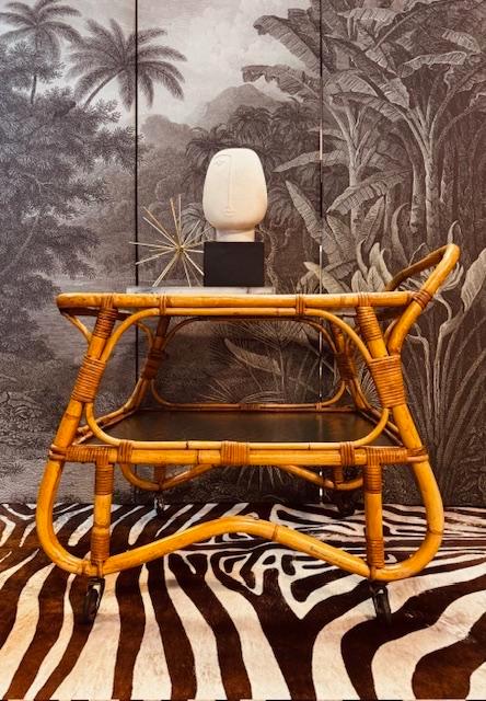VINTAGE ROHE BARCART TROLLEY SERVEERWAGEN ROTAN BAMBOE, Verzamelen, Retro, Huis en Inrichting, Ophalen