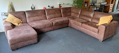 Leren hoekbank met longchair (u-vorm), Huis en Inrichting, Banken | Bankstellen, Gebruikt, Hoekbank, Vierpersoons of meer, 300 cm of meer