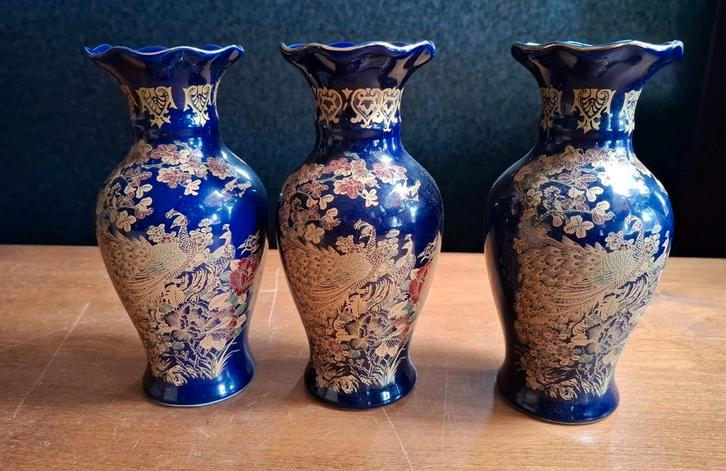 Vintage Chinezen vaasjes kobaltblauw met pauw motief., Antiek en Kunst, Antiek | Vazen, Ophalen of Verzenden
