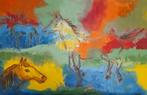 PAARDEN  schilderij olieverf expressionistisch geschilderd, Antiek en Kunst, Kunst | Schilderijen | Modern, Ophalen of Verzenden