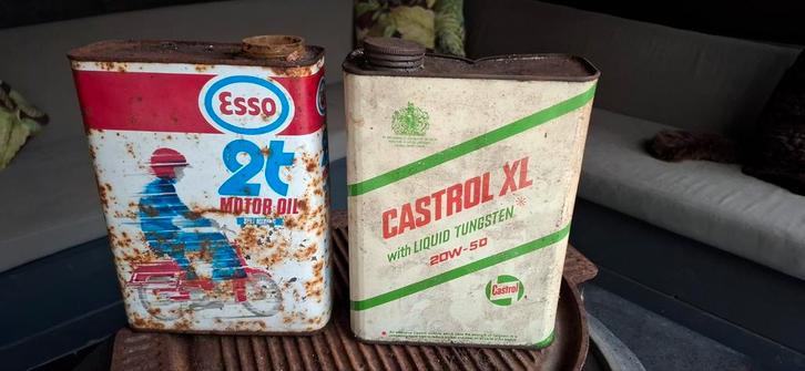 Oude Olieblikken Esso & Castrol, Antiek en Kunst, Antiek | Overige Antiek, Ophalen of Verzenden