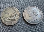 5 Pesetas 1870 en 1875 Spanje Zilver €65 incl vzk, Ophalen of Verzenden, Overige landen, Zilver