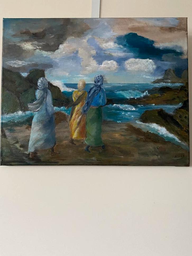 Drie dames aan zee - Schilderij, Antiek en Kunst, Kunst | Schilderijen | Klassiek, Ophalen of Verzenden