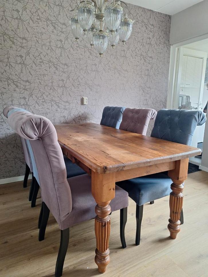 Landelijke eettafel met 6 brocante eettafelstoelen, Huis en Inrichting, Complete eetkamers, Zo goed als nieuw, Ophalen