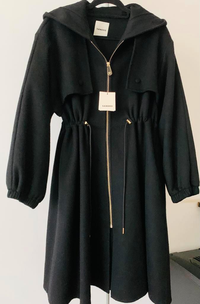 Sandro zwarte wollen mantel met capuchon/ S/nieuw, Kleding | Dames, Jassen | Winter, Nieuw, Maat 36 (S), Zwart, Ophalen of Verzenden
