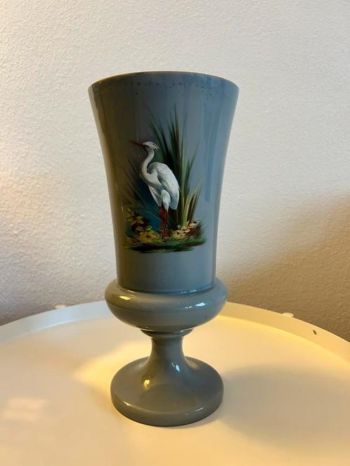 Grijze Opaline melkglas vaseline glas vaas lamp reiger, Antiek en Kunst, Curiosa en Brocante, Ophalen of Verzenden