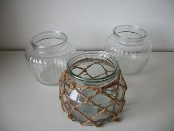 3 Potten Windlicht Glas met Touw - 15 x 13,5 - Nieuw beschikbaar voor biedingen