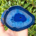 Donkerblauwe Agaatplak met Bergkristal edelsteen Agaatschijf, Ophalen of Verzenden