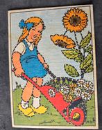 Meisje met een kruiwagen vol bloemen staat bij zonnebloemen, Verzenden, 1940 tot 1960, Ongelopen, Kinderen