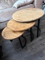 Set van 3 bijzettafels - industrieel - manghohout, 45 tot 60 cm, Minder dan 55 cm, Rond, Ophalen of Verzenden