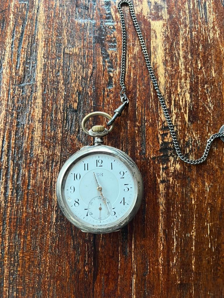 Zakhorloge Ancre 15 Rubis Antiek, Sieraden, Tassen en Uiterlijk, Horloges | Antiek, Overige merken, Zilver, Voor 1900, Met ketting