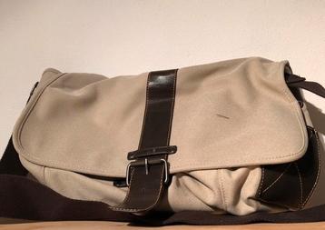 Schoudertas Beige Bruin Canvas Bruine Leren Band Unisex tas beschikbaar voor biedingen