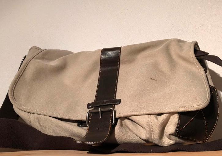 Schoudertas Beige Bruin Canvas Bruine Leren Band Unisex tas, Sieraden, Tassen en Uiterlijk, Tassen | Schoudertassen, Gebruikt