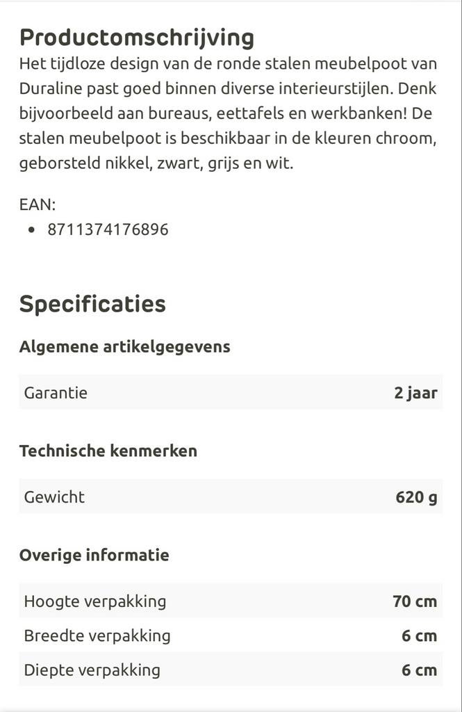 Duraline Stalen Tafelpoot Zwart, Tafelpoot, Nieuw, Metaal, Rechthoekig