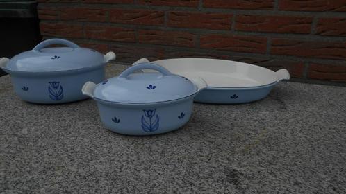 DRU gietijzer email schaal dekschaal tulp lelie blauw MOOI, Antiek en Kunst, Antiek | Emaille, Ophalen of Verzenden