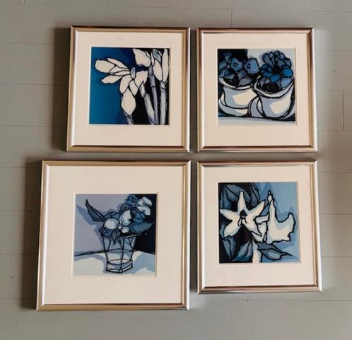 4 x Fon Klement Abstracte bloemenpracht, blauw, Antiek en Kunst, Kunst | Overige Kunst, Ophalen of Verzenden