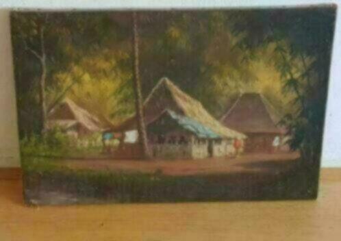 Oud olieverf vooroorlogs indonesië dorpje fam. Lubach, Antiek en Kunst, Kunst | Schilderijen | Klassiek, Ophalen
